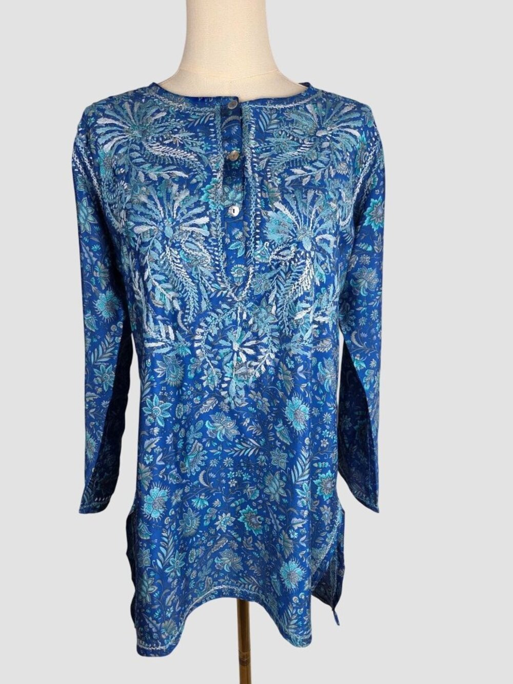 Dolma Silk Embroidered Tunic Top S Blue Floral‎ Boho Kurta Blouse Long Sleeve